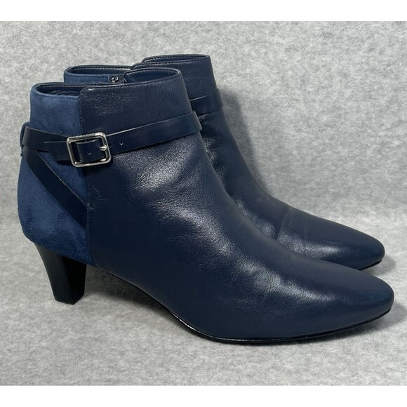 Cole Haan Sylvan Boot Women's 7B Mid Heel Bootie Blue Leather Pointed Signature - Picture 1 of 16